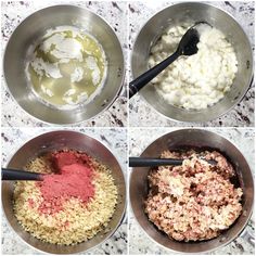 four pictures show the process of making macaroni and cheese with meat in them