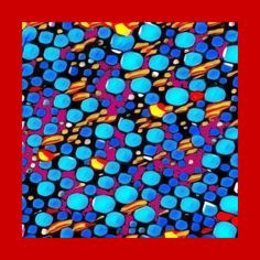 an abstract painting with blue, yellow and red circles on black background in square format