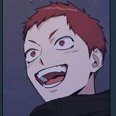 an animated image of a man with red hair and eyes looking up at the sky