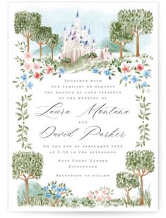 a wedding card with an image of a castle in the background and flowers around it