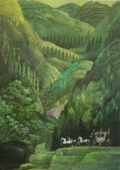 a painting of a horse drawn carriage in the middle of a green valley surrounded by trees