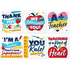 four square stickers with the words thank you, teacher, teaching is a work of heart