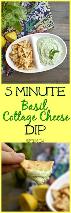 the 5 minute basic cottage cheese dip recipe is shown with lemons and parsley