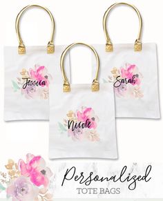 two white bags with gold handles and floral designs on them, one has a name