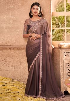 Buy Eid Special Saree Party wedding wear dresses Brown silk festival wear saree 912 online in USA, UK and Canada from KollyBollyEthnics.com Designer Silk Sarees, Party Sarees, Beige Silk, Embroidered Saree, Indian Sarees Online, Patiala Salwar, Wedding Saree Indian, Utsav Fashion, Art Silk Sarees