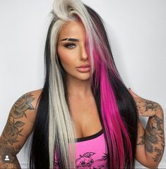 Hair Color Ideas For Long Hair 2023, Biker Women Hair Styles, Black Hair Platinum Streak, Bold Money Piece Hair Color, Crazy Hair Colors For Short Hair, Pink Blonde Black Hair, Black Blonde Pink Hair, Pink Black Blonde Hair, Pop Of Color Hair Ideas