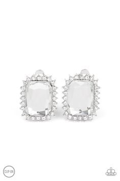 Featuring a regal emerald style cut, a dramatic white gem is pressed into the center of a silver frame radiating with glassy white rhinestones for a show-stopping look. Earring attaches to a standard clip-on fitting. Sold as one pair of clip-on earrings. Insta Famous, Emerald Style, Clear Nail Polish, Paparazzi Accessories, White Rhinestone, Paparazzi Jewelry, White Earrings, Jewelry Cleaner, Silver Frame