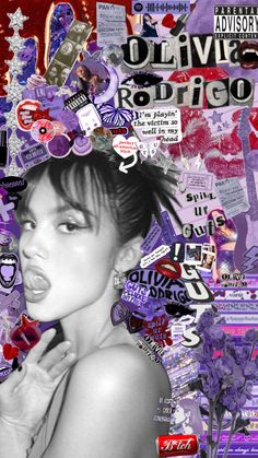 a collage of various stickers and photos with a woman's face in the middle