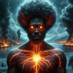 an image of a man with glowing eyes and hair in the middle of his body