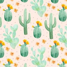 watercolor cactus and flowers on pink background with white polka dots, perfect for fabric or wallpaper