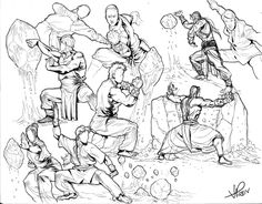 an ink drawing of some people in different poses, with one man holding something and the other