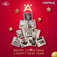 a christmas tree made up of photos and gold ornaments on a red background with the words haffle