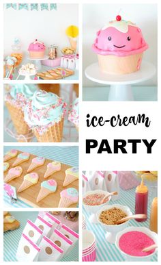 ice cream party collage with pink and blue desserts, cupcakes, cake