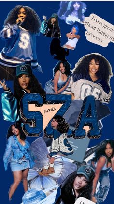 the collage has many different pictures of women in blue outfits and numbers on them