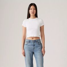 Essential Sporty T-shirt - White | Levi's® US Casual Fitted Cropped T-shirt For Everyday, Fitted Cropped T-shirt For Everyday Casual Wear, Fitted Levi's Cotton Top, Sporty Cropped T-shirt For Everyday, Fitted Cropped T-shirt For Everyday, Fitted Cropped T-shirt With Crew Neck, Fitted Cropped T-shirt With Crew Neck For Everyday, Basic Cropped Hem Tops For Everyday, Fitted Cropped Shirt For Everyday