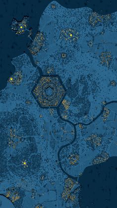 an image of a map that is blue and has yellow dots on it, with the city lights lit up at night