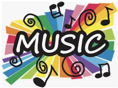 the word music is surrounded by musical notes and trebles in multicolored colors