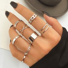 FNIO Punk Simple Silver Color Geometric Hollw Out Wide Ring Set Women's Vintage Joint Finger Rings Pearl Ring Simple, Mom Accessories, Simple Pearl, Zhejiang China, Silver Ring Set, Ring Fashion, Gold Ring Sets, Rings Set