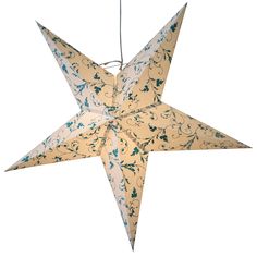 an origami star hanging from a string with blue flowers on the outside and green leaves on the inside