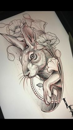 a drawing of a rabbit with flowers on it's head