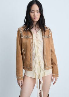 Studded leather jacket - Woman | MANGO USA Studded Leather Jacket, Studded Jacket, Western Jacket, Suede Fabric, Brown Leather Jacket, Studded Leather, Leather Jackets Women, Suede Jacket, Creative Fashion