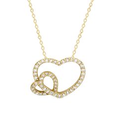 Elevate your ensemble with this Suzy Levian .35cttw white diamond double heart pendant necklace. This beautiful pendant features a gorgeous larger heart linked to a smaller heart crafted of 14K yellow gold. Delicate and exotic, this pave set heart pendant is a gift to celebrate any occasion. This beautiful double heart pendant is hung on a 14k yellow gold cable chain and is secured with a spring ring clasp. Its subtle design flaunts your simple yet sophisticated style. This pendant is designed b Fine Jewelry Yellow Gold Double Heart Diamond Necklace, Fine Jewelry Double Heart Cubic Zirconia Necklace, Double Heart Cubic Zirconia Fine Jewelry Necklace, Fine Jewelry Double Heart Necklace With Cubic Zirconia, Fine Jewelry Double Heart Diamond Necklace With Charm, Yellow Gold Double Heart Diamond Necklace With Accents, Fine Jewelry Double Heart Charm Diamond Necklace, Double Heart Brilliant Cut Cubic Zirconia Necklace, Double Heart Cubic Zirconia Necklace With Brilliant Cut