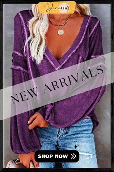 Solid Color Pullover V-neck Bubble Long Sleeves Tops(4 Colors) Fall V-neck Solid Color Tops, Solid Color V-neck Top For Fall, Solid V-neck Top For Fall, Casual V-neck Sweater For Summer, Purple V-neck Top For Winter, Purple V-neck Solid Color Top, Purple V-neck Solid Top, Purple V-neck Top, Chic Purple V-neck Top