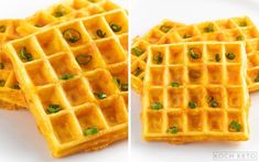 two pictures of waffles with peas on them