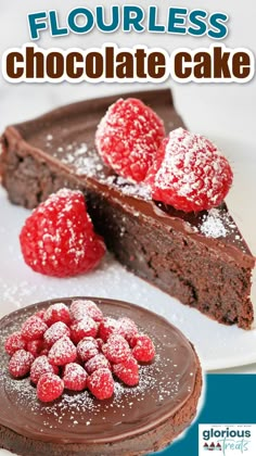 the cover of flourless chocolate cake with raspberries on top