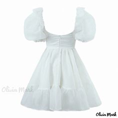 Olivia Mark - White Princess Dress with Square Neckline, Puff Sleeves, and Cinched Waist White A-line Puff Sleeve Dress With Ruffles, Fitted Puffy Dress For Summer, White Princess Dress, Dress With Square Neckline, White Princess, Square Necklines, Cinched Waist, Square Neckline, Princess Dress