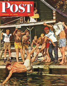 an old magazine cover with children playing in the water and one man falling off his boat