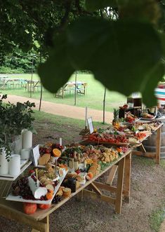 a table full of food sitting under a tree