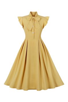 ZAPAKA Women Vintage Dress Yellow Solid Swing 1950s Dress with Bow 1950s Dresses, Robes Vintage, Hepburn Style, 50s Style, Vintage 1950s Dresses, Vestidos Vintage, Dress Cocktail, 1950s Dress, Butterfly Sleeves