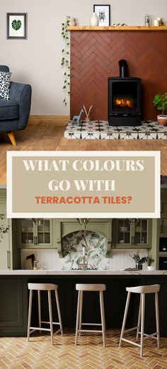 what colours go with terracotta tiles, kitchen with terracotta floor tiles, navy blue and sage green kitchen cabinetry Terracotta Floor Wall Color, Terracotta Tiles Fireplace, Decorating With Terracotta Floors, Paint Colors That Go With Terracotta Floors, Terracotta Tiles Living Room Color Schemes, Terrocata Kitchen Floor, Kitchen Ideas With Terracotta Floors, What Colours Go With Terracotta, Quarry Tiles Living Room