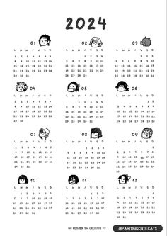 a black and white calendar for the new year with cartoon characters on it, including two cats