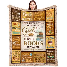 a woman is holding up a blanket that has books on it and the words, once upon time there was a girl who loved books