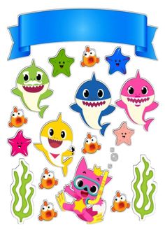 an assortment of cartoon shark stickers on a white background