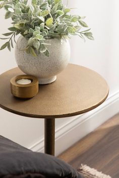 a potted plant sitting on top of a wooden table next to a black pillow