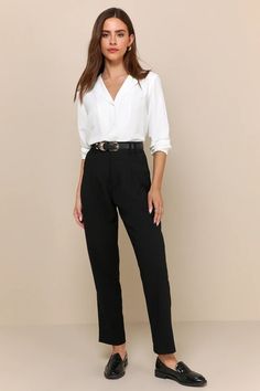 Chic Office Pants - Black Trouser Pants - High Waisted Pants - Lulus Strictly Business, Spring School, Business Professional Outfits, Casual Work Outfits Women, Business Casual Outfits For Women, Business Casual Outfits For Work, Elegante Casual, Stylish Work Outfits