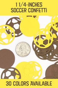 an assortment of different types of paper discs with the words, 1 / 4 inches soccer confetti 30 colors available