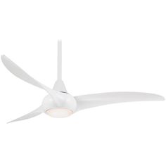 a white ceiling fan with a light on the top and blades down to it's sides