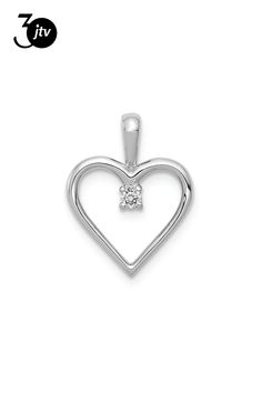 Rhodium over 14k white gold diamond heart pendant. Measures approximately 5/8"L x 7/16"W and has a 1mm bail. Silver Heart Pendant With Prong Setting, Silver Heart Pendant Jewelry With Prong Setting, White Gold Heart Pendant With Prong Setting, White Gold Heart Pendant Jewelry With Prong Setting, Sterling Silver Heart Pendant With Prong Setting, Sterling Silver Heart Pendant Jewelry With Prong Setting, Heart-shaped Sterling Silver Jewelry With Single Diamond, Heart Pendant With Single Diamond For Valentine's Day, Valentine's Day Sterling Silver Single Diamond Jewelry