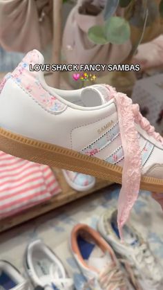 #loveshackfancy #lsf #adidas #sambas #coquette #girly Pink Girly Shoes, Loveshackfancy Sambas, Love Shack Fancy Shoes, Love Shack Fancy Sambas, Cute Sambas, Kicks Aesthetic, Coquette Adidas, Must Have Clothes, Cute Adidas Shoes