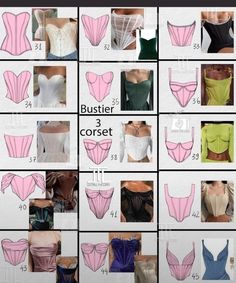 several different types of corsets are shown in this image, including bras and panties