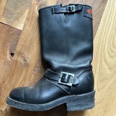 Rev Hear Biker Boots. Real Leather, Very Thick And Sturdy. Easy To Slip On. A True 7. Definitely Worn, But Have A Lot Of Life In Them. Vintage Black Boots With Reinforced Heel, Vintage Black Boots Medium Width, Gear Shoes, Boots Vintage, Biker Boots, Motorcycle Boots, Vintage Women, Moto Boots, Real Leather