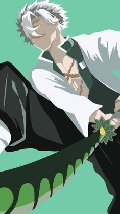 an anime character with white hair and green eyes holding a flower in one hand while sitting on the ground