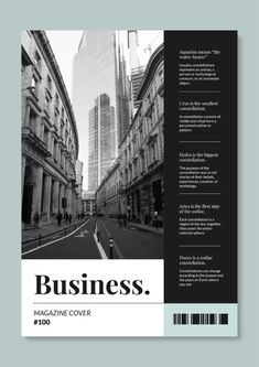 a black and white business brochure with buildings in the background