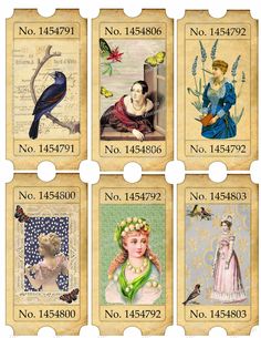 six postage stamps with pictures of women and birds on them, all in different colors