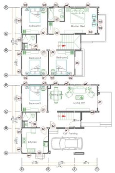 the floor plan for a two story house, with three levels and four rooms on each level