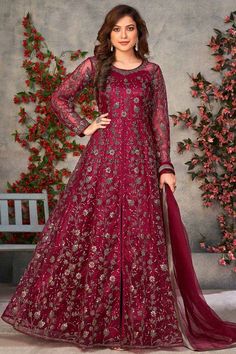 Buy Maroon Net Embroidered Sequin Suit Set Designer Lehnga Choli, Long Anarkali Gown, Baju Kahwin, Celana Fashion, Sangeet Outfit, Salwar Kamiz, Designer Anarkali, Wedding Reception Dress, Anarkali Gown